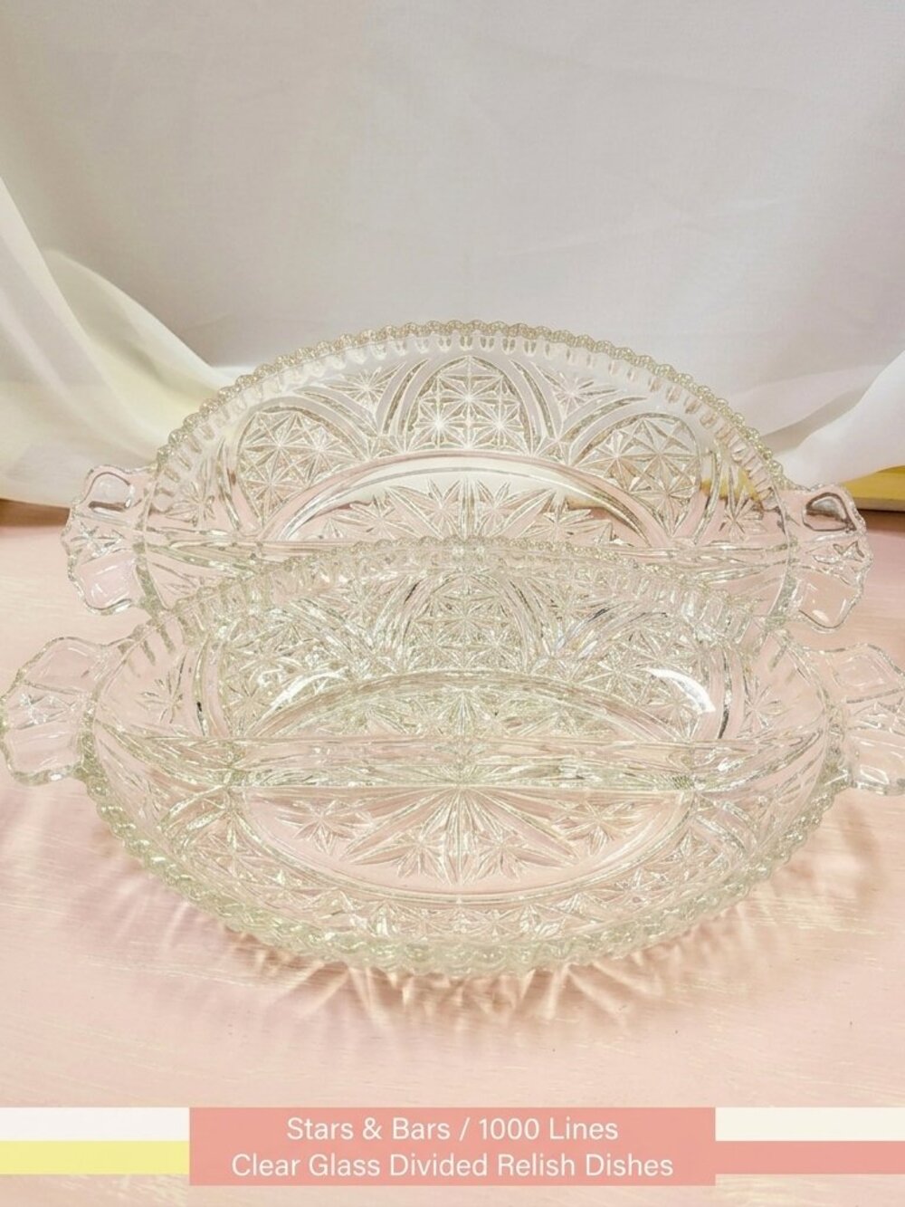 Stars & Bars, aka 1000 Lines 2pc Clear Glass Divided Relish/Serving Dishes